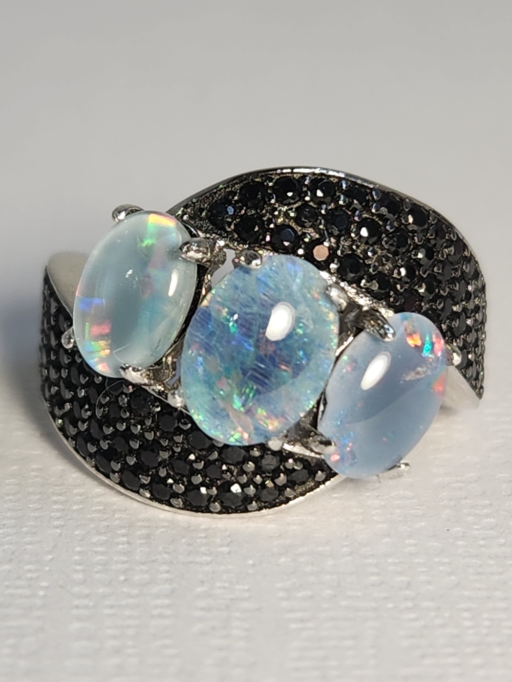NIB VTG 925 Natural Opal Triplet Stone Black Spinel Pave Accents Ring Sz 5 - Picture 2 of 14